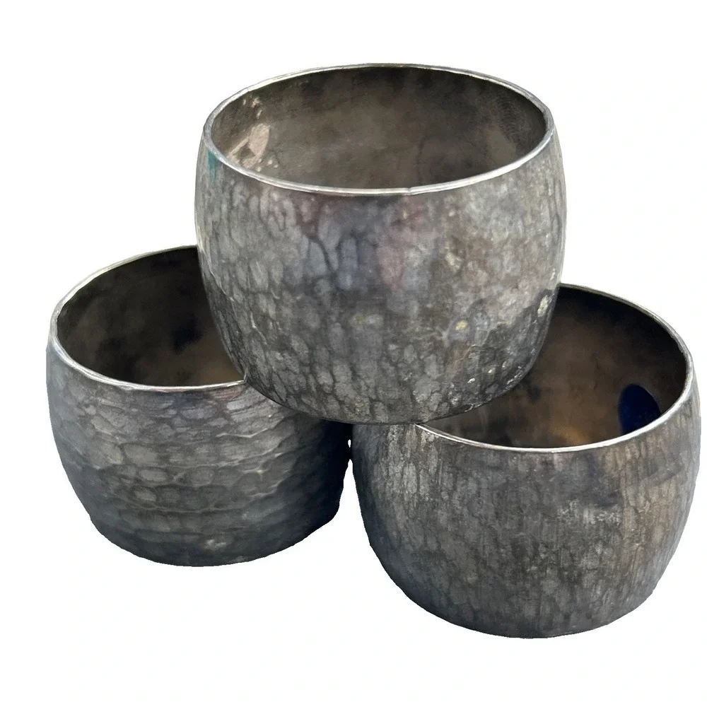 3 Hammered Silver Plated Brass Napkin Rings Hong Kong Decor Vintage Patina